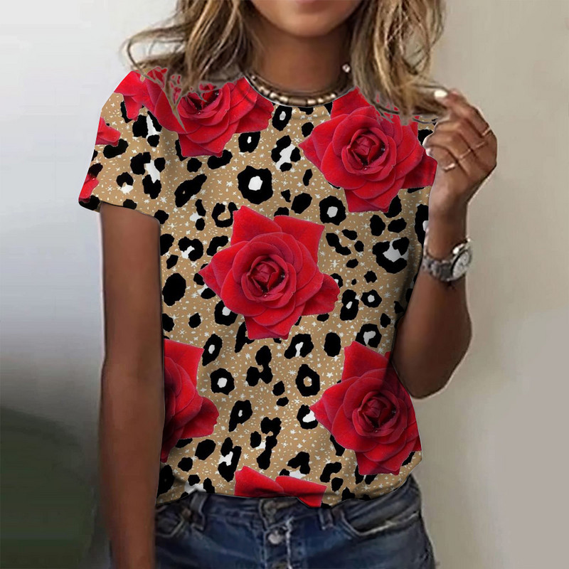Tricou de damă la modă de vară tricouri cu mânecă scurtă Topuri cu imprimeu floral 3D cu gâtul O tricou casual pentru haine Y2k cu flori de trandafir pentru femei