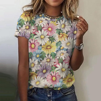 Дамска тениска Лятна мода Горнища с къс ръкав 3D флорален принт О-образно деколте Ежедневна тениска за дамски Y2k дрехи Тениски с голям размер