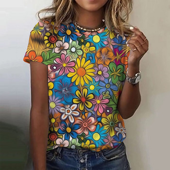 Дамска тениска Лятна мода Горнища с къс ръкав 3D флорален принт О-образно деколте Ежедневна тениска за дамски Y2k дрехи Тениски с голям размер