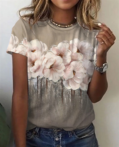 Dámske tričko, letné módne krátke rukávy, 3D kvetinová potlač, O-výstrih, ležérne tričko pre ženy, oblečenie Y2k, plus veľkosti, tričká
