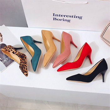Плюс размер 34-44 Плитки секси леопардови дамски офис обувки Есенни обувки с висок ток 8 см Елегантни дамски едноцветни рокли с обувки с остри пръсти