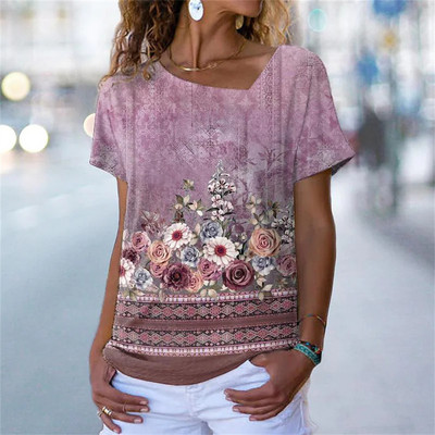 Naiste 3D lillemustriga T-särk Ebaregulaarse V-kaelusega disainiga Y2k Moesuund Suvine lühikeste varrukatega seksikad kaelusega T-särgid 2023