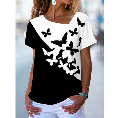 Naiste 3D lillemustriga T-särk Ebaregulaarse V-kaelusega disainiga Y2k Moesuund Suvine lühikeste varrukatega seksikad kaelusega T-särgid 2023