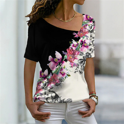 Naiste 3D lillemustriga T-särk Ebaregulaarse V-kaelusega disainiga Y2k Moesuund Suvine lühikeste varrukatega seksikad kaelusega T-särgid 2023