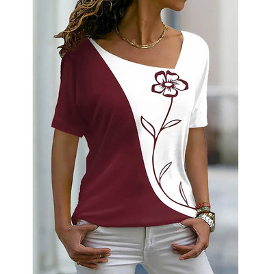 Naiste 3D lillemustriga T-särk Ebaregulaarse V-kaelusega disainiga Y2k Moesuund Suvine lühikeste varrukatega seksikad kaelusega T-särgid 2023