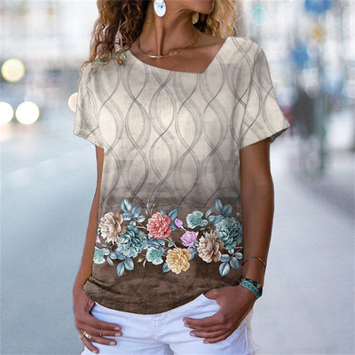 Naiste 3D lillemustriga T-särk Ebaregulaarse V-kaelusega disainiga Y2k Moesuund Suvine lühikeste varrukatega seksikad kaelusega T-särgid 2023