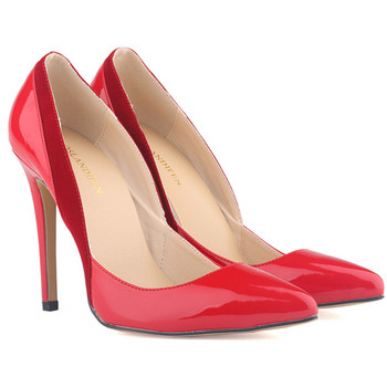 Модни лачени обувки от флок пачуърк Дамски обувки с остри пръсти Работни обувки с високи токчета Черни червени дамски плитки булчински обувки Рокля