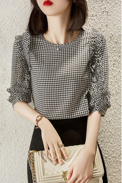 Jarná móda 2022, ležérna kórejská blúzka s volánikmi a šifónovým vzorom, dámska okrúhla výstrih, polovičné rukávy, sladká mriežková nadrozmerná košeľa