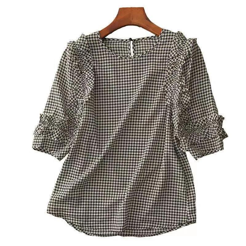 Jarná móda 2022, ležérna kórejská blúzka s volánikmi a šifónovým vzorom, dámska okrúhla výstrih, polovičné rukávy, sladká mriežková nadrozmerná košeľa