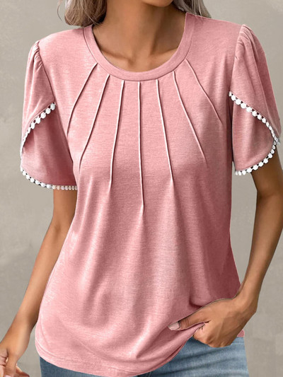 Tricou cu mânecă scurtă din dantelă de modă pentru femei Topuri de vară, culoare solidă, cu gât rotund, cămăși casual supradimensionate pentru femei