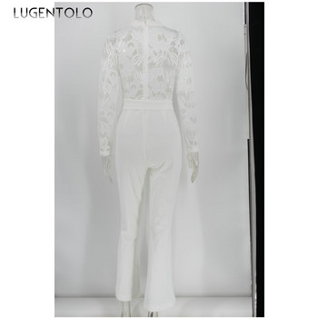 Λευκή ολόσωμη φόρμα γυναικεία ραφές με δαντέλα με μακρύ μανίκι V λαιμόκοψη μεγάλο μέγεθος Φαρδύ παντελόνι μακριά πόδι Γυναικεία φόρμα γραφείου Lugentolo