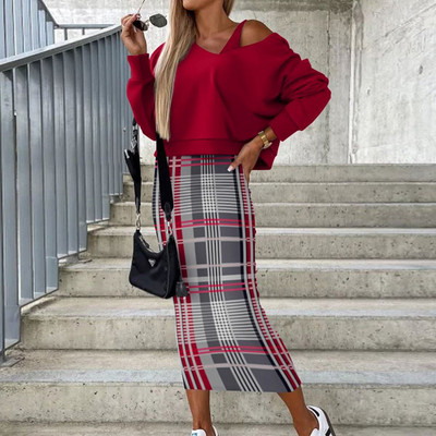 Čierne potlačené topy a šaty, zodpovedajúce obleku, dámska ležérna blúzka s potlačou, šaty, outfit, ženský jesenný a zimný úzky strih, dvojdielna súprava