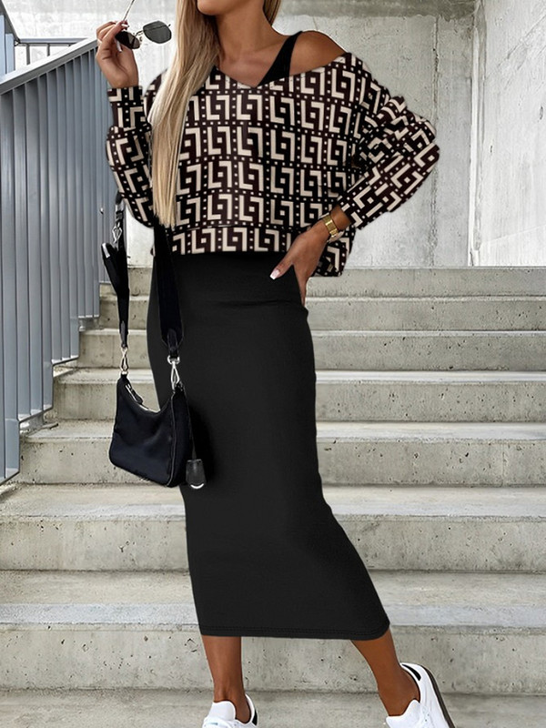 Čierne potlačené topy a šaty, zodpovedajúce obleku, dámska ležérna blúzka s potlačou, šaty, outfit, ženský jesenný a zimný úzky strih, dvojdielna súprava