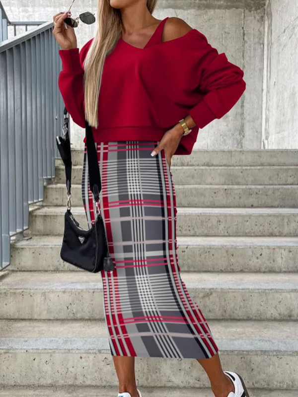 Čierne potlačené topy a šaty, zodpovedajúce obleku, dámska ležérna blúzka s potlačou, šaty, outfit, ženský jesenný a zimný úzky strih, dvojdielna súprava