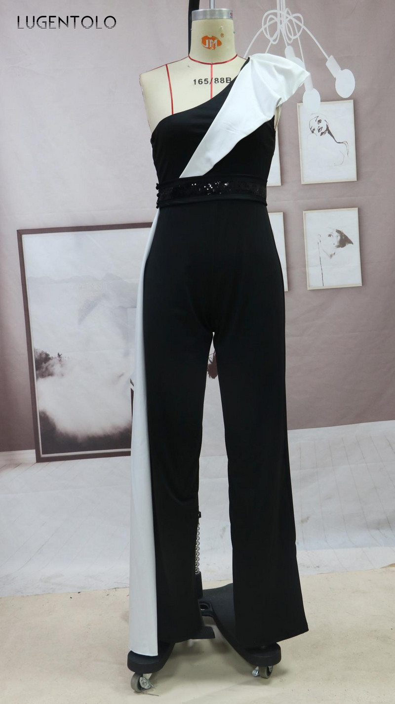 Salopete elegante de modă pentru femei, fără mâneci, guler diagonal, slim fit, primăvară, vară, talie înaltă, salopetă lungă cu picioare largi