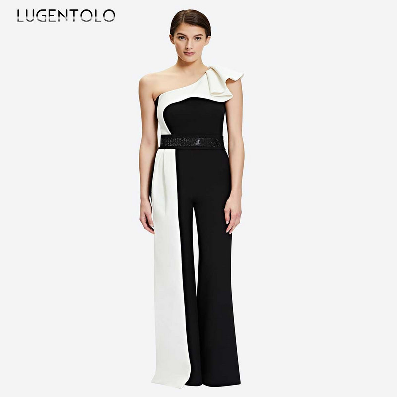 Salopete elegante de modă pentru femei, fără mâneci, guler diagonal, slim fit, primăvară, vară, talie înaltă, salopetă lungă cu picioare largi