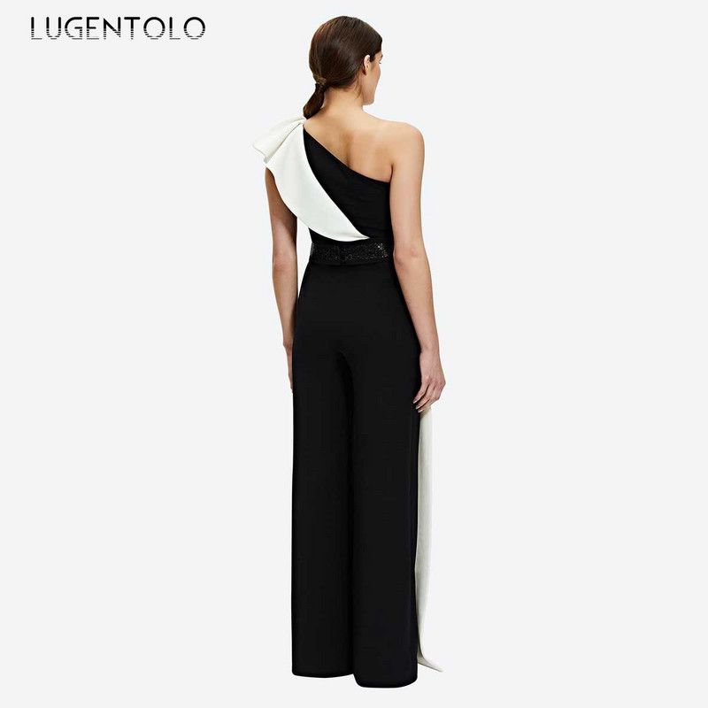 Salopete elegante de modă pentru femei, fără mâneci, guler diagonal, slim fit, primăvară, vară, talie înaltă, salopetă lungă cu picioare largi