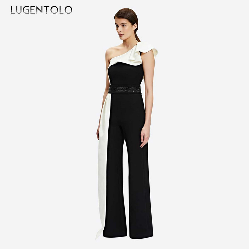 Salopete elegante de modă pentru femei, fără mâneci, guler diagonal, slim fit, primăvară, vară, talie înaltă, salopetă lungă cu picioare largi