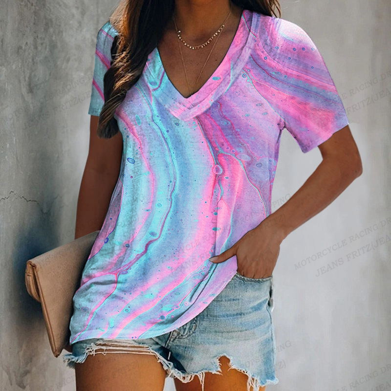 Naiste T-särk Triibuline 3D Prindiga T-särk Naiste Moodsad V-kaelusega T-särgid Lühikeste varrukatega T-särgid T-särgid Vaba vabaaja T-särk Värviline Camiseta