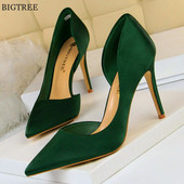 Stručné dámske topánky na jeseň, sexy bočné duté hodvábne vysoké podpätky, dámske lodičky, čierne, ružové, červené topánky, dámske kancelárske topánky so špicatou špičkou