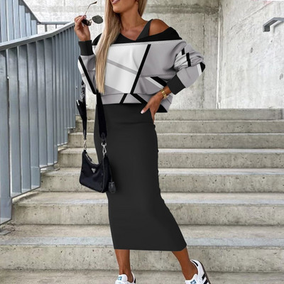 Dámske jednofarebné ležérne šaty s výstrihom do V a mikinou s kapucňou + pletená slim fit sukňa bez rukávov