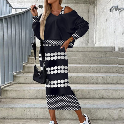 Dámske jednofarebné ležérne šaty s výstrihom do V a mikinou s kapucňou + pletená slim fit sukňa bez rukávov