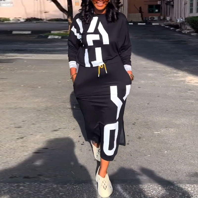 Jesen Zima Ležerna suknja Seksi ženska elegantna dvodijelna majica s printom i dugačka suknja