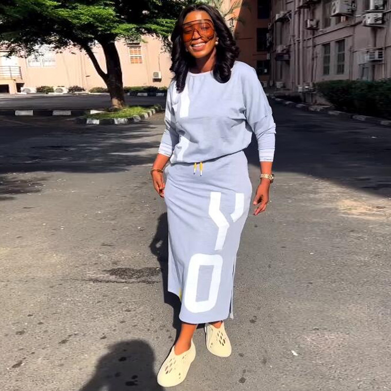 Jesen Zima Ležerna suknja Seksi ženska elegantna dvodijelna majica s printom i dugačka suknja