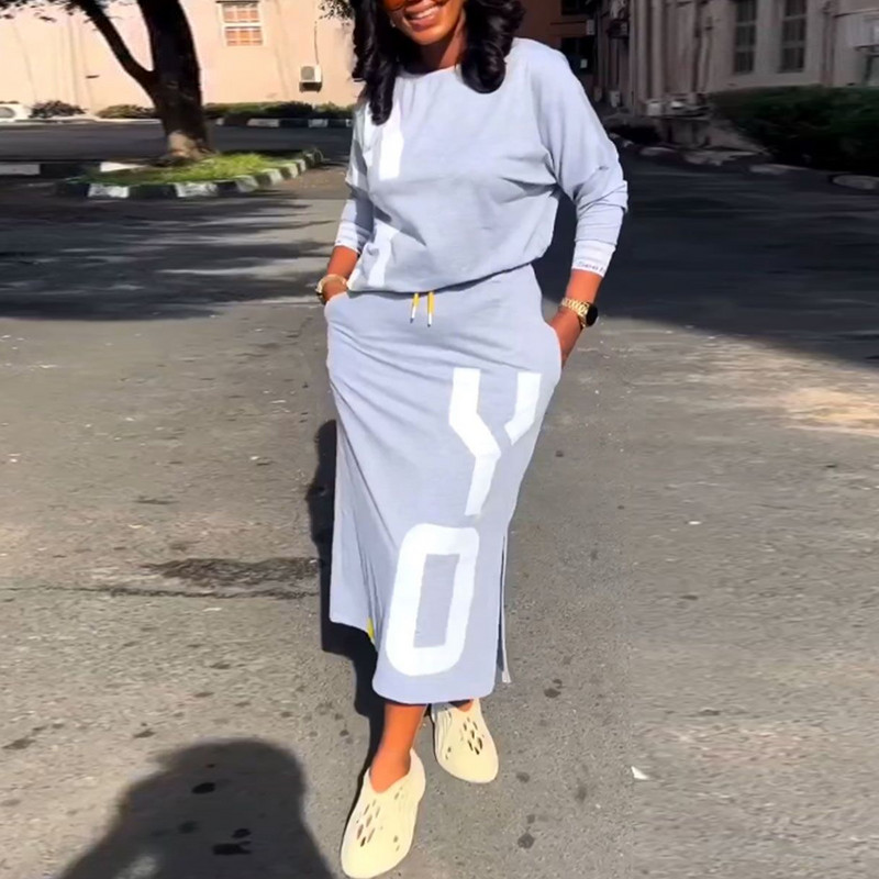 Jesen Zima Ležerna suknja Seksi ženska elegantna dvodijelna majica s printom i dugačka suknja