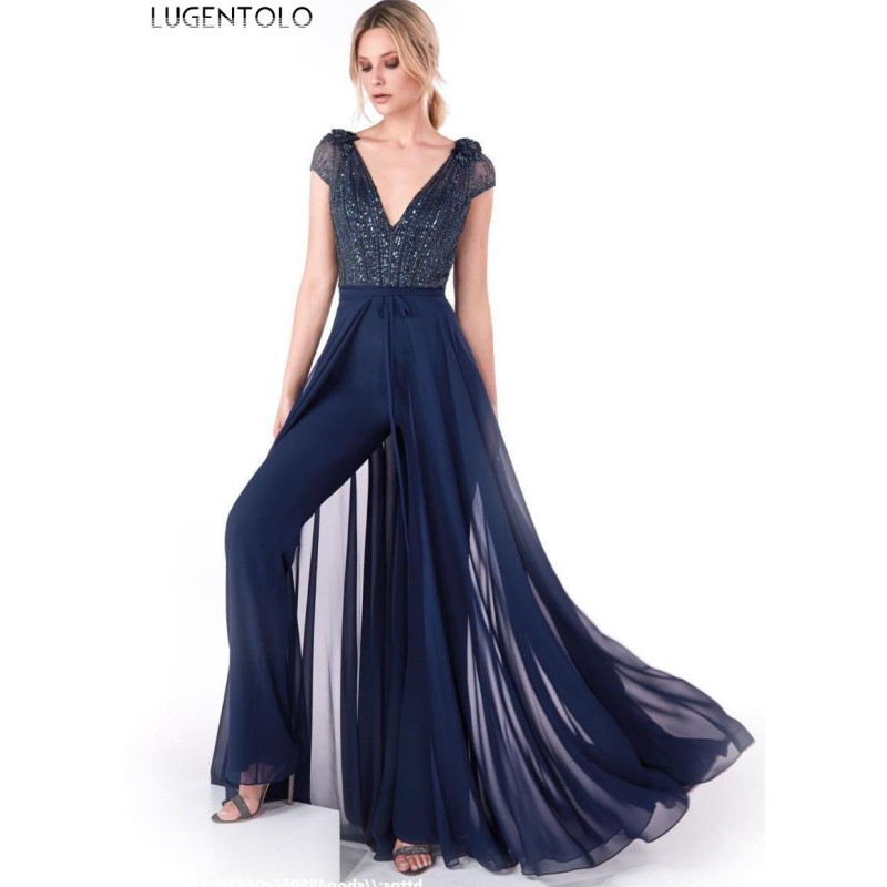 Salopetă elegantă pentru femei, de petrecere cu paiete, talie înaltă, șifon, damă, sexy, cu decolteu în V, plasă, subțire, strălucitoare, fără mâneci, salopete lungi la modă