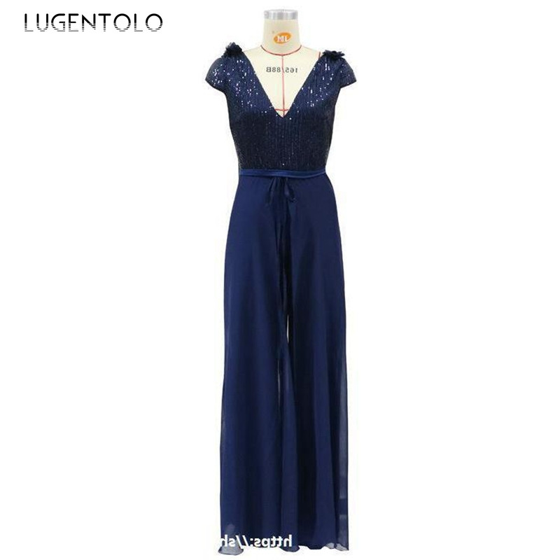 Salopetă elegantă pentru femei, de petrecere cu paiete, talie înaltă, șifon, damă, sexy, cu decolteu în V, plasă, subțire, strălucitoare, fără mâneci, salopete lungi la modă