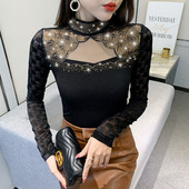 #5724 Proljetna mrežasta majica dugih rukava Ženska majica kratkih rukava s izdubljenim dijamantima Seksi ležerna osnovna majica Ženska samostojeća ovratnica Ženska tanka majica