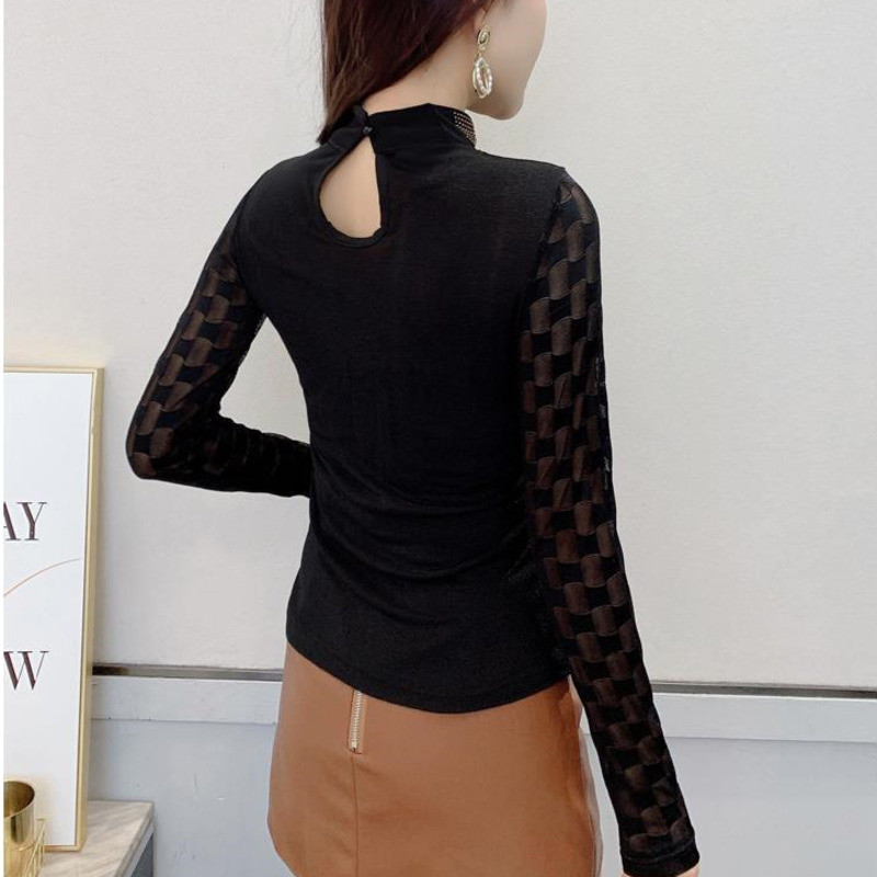 #5724 Proljetna mrežasta majica dugih rukava Ženska majica kratkih rukava s izdubljenim dijamantima Seksi ležerna osnovna majica Ženska samostojeća ovratnica Ženska tanka majica