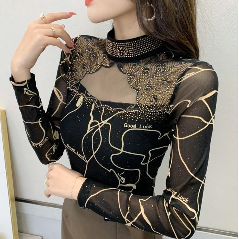 #5724 Proljetna mrežasta majica dugih rukava Ženska majica kratkih rukava s izdubljenim dijamantima Seksi ležerna osnovna majica Ženska samostojeća ovratnica Ženska tanka majica