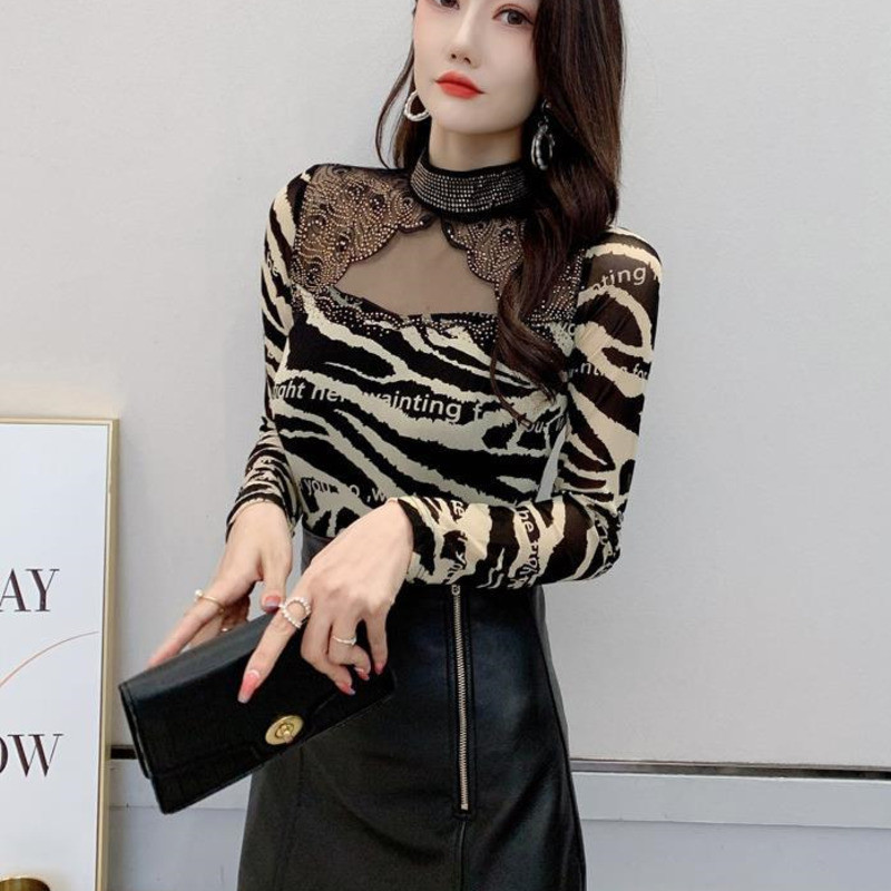 #5724 Proljetna mrežasta majica dugih rukava Ženska majica kratkih rukava s izdubljenim dijamantima Seksi ležerna osnovna majica Ženska samostojeća ovratnica Ženska tanka majica