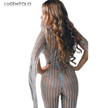 Σέξι πάρτι γυναικεία φόρμα με μακρυμάνικο γυαλιστερό V-λαιμόκοψη λεπτή άνοιξη Γυναικεία casual μακριά μολύβι Jumpsuits Lugentolo