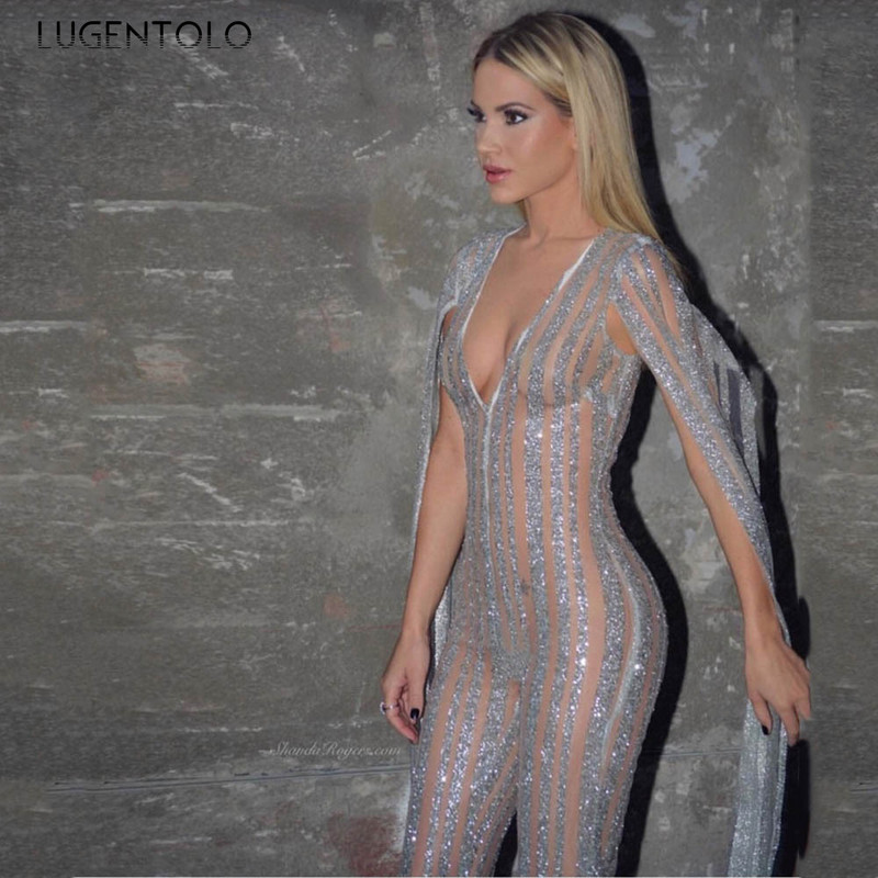 Seksikas pidulik naiste kombinesoon, vaatega pikkade varrukatega, läikiv V-kaelusega õhuke kevadine naiste vabaaja pika pliiatsiga kombinesoon Lugentolo