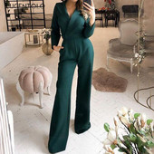 Elegantiški moteriški kombinezonai ilgomis rankovėmis V formos iškirpte Seksualiai žalios plonos laisvalaikio kelnės Moteriškos gatvės tiesios mados kombinezonai Lugentolo