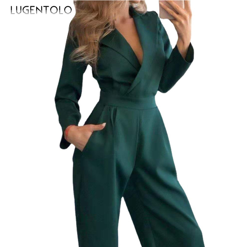 Elegantiški moteriški kombinezonai ilgomis rankovėmis V formos iškirpte Seksualiai žalios plonos laisvalaikio kelnės Moteriškos gatvės tiesios mados kombinezonai Lugentolo