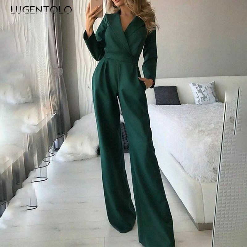 Elegantiški moteriški kombinezonai ilgomis rankovėmis V formos iškirpte Seksualiai žalios plonos laisvalaikio kelnės Moteriškos gatvės tiesios mados kombinezonai Lugentolo