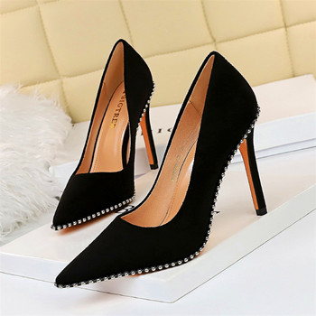 Модни дамски обувки с високи токчета 8/10,5 см, метални вериги, дамски помпи, есенни дамски обувки със заострени пръсти и високи пръсти, черни, черни