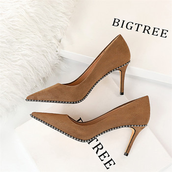 Модни дамски обувки с високи токчета 8/10,5 см, метални вериги, дамски помпи, есенни дамски обувки със заострени пръсти и високи пръсти, черни, черни