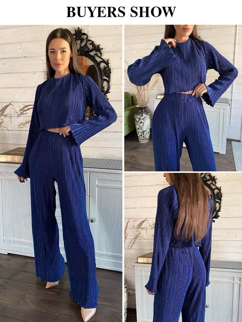 Clacive Fashion Tricouri cu mânecă lungă Seturi din două piese Set pantaloni cu pliuri albastre bodycon pentru femei Streetwear Costume late elegante cu pantaloni