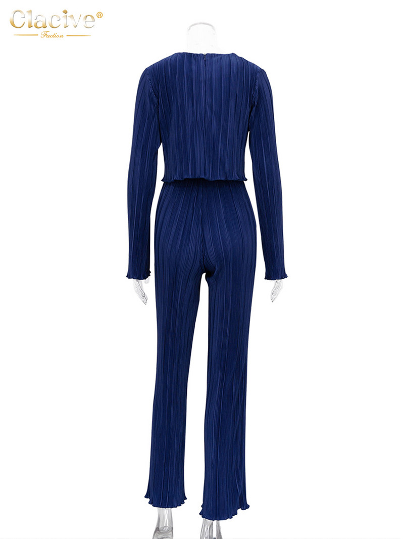 Clacive Fashion Tricouri cu mânecă lungă Seturi din două piese Set pantaloni cu pliuri albastre bodycon pentru femei Streetwear Costume late elegante cu pantaloni