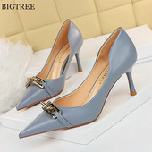 Μαλακό δέρμα Κομψό Γυναικείο Αντλίες Ανοιξιάτικη Μεταλλική Πόρπη Ρηχά Γυναικεία Παπούτσια Γραφείου με Μυτερή Μύτη Κόκκινο Μαύρο Γαμήλιο πάρτι με ψηλοτάκουνα