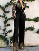 Moteriški seksualūs nėriniai Seksualus kombinezonas ilgomis rankovėmis aukštu juosmeniu, laisvalaikio pavasario vasara moteriškos nėriniais puoštos platėjančios kelnės