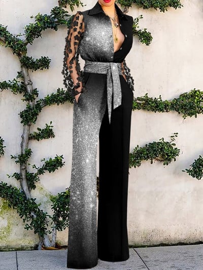 Salopetă sexy din dantelă pentru femei Perspective, cu mânecă lungă, talie înaltă, ocazional, primăvară, vară, pantaloni evazați cu panouri de dantelă