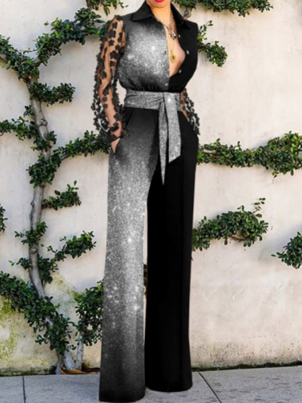 Moteriški seksualūs nėriniai Seksualus kombinezonas ilgomis rankovėmis aukštu juosmeniu, laisvalaikio pavasario vasara moteriškos nėriniais puoštos platėjančios kelnės