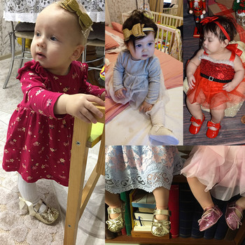 Пайети Бебешки обувки Кожени комплекти за прохождащи бебета за момичета First Walkers Лента за глава Панделка Мека подметка Hook & Loop Bling обувки за момичета