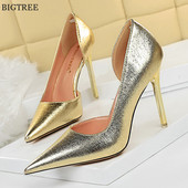 Πλαϊνό κοίλο στιλέτο Σέξι γυναικείες αντλίες Μαύρο χρυσό Ασημί ρηχά παπούτσια 2022 Γυναικεία αιχμηρά παπούτσια νύφης Ψηλοτάκουνα γυναικεία πάρτι